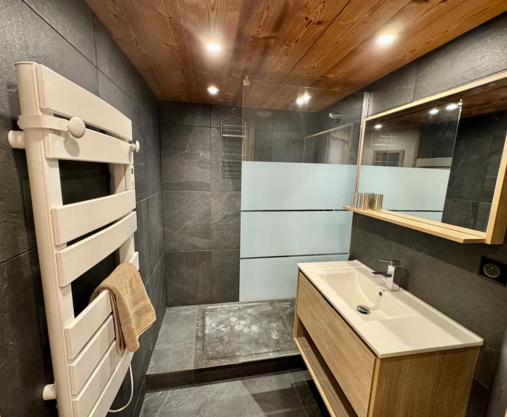 Salle de bain avec douche, évier et sèche-serviettes, espace moderne et fonctionnel pour le confort au quotidien